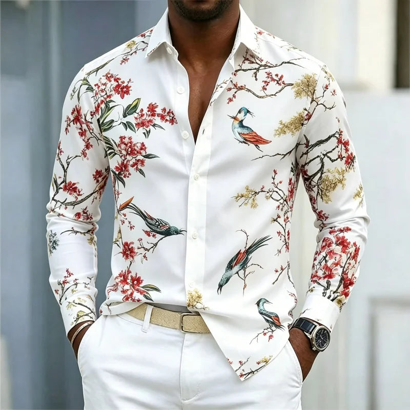 Men's Floral Print Long-Sleeve Casual Shirt