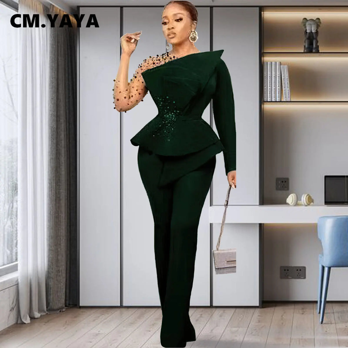 Women's Beaded Mesh Ruffle Blazer & Pants Set