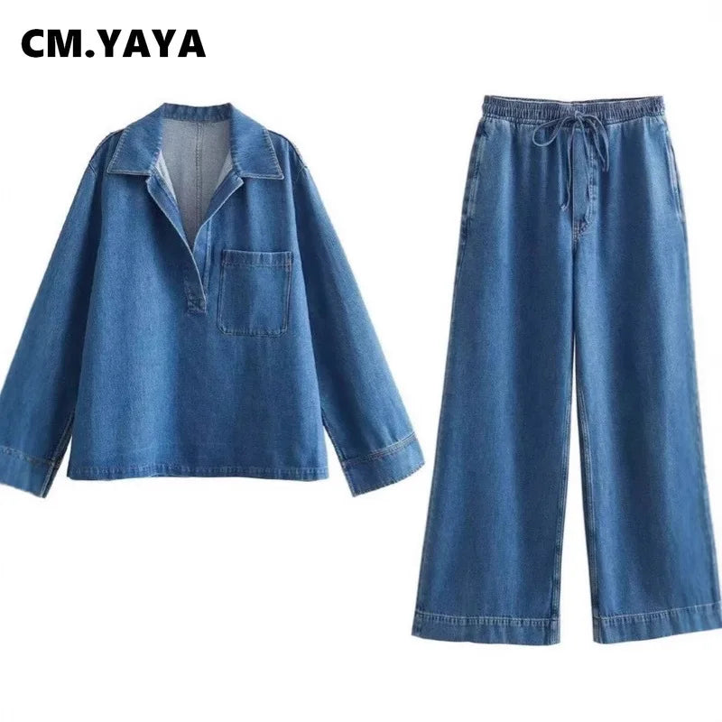Women's Washed Denim Shirt & Wide-Leg Pants Set