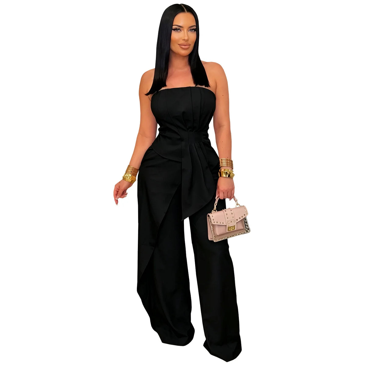 Women's Ruched Strapless Top & Wide-Leg Pants Set