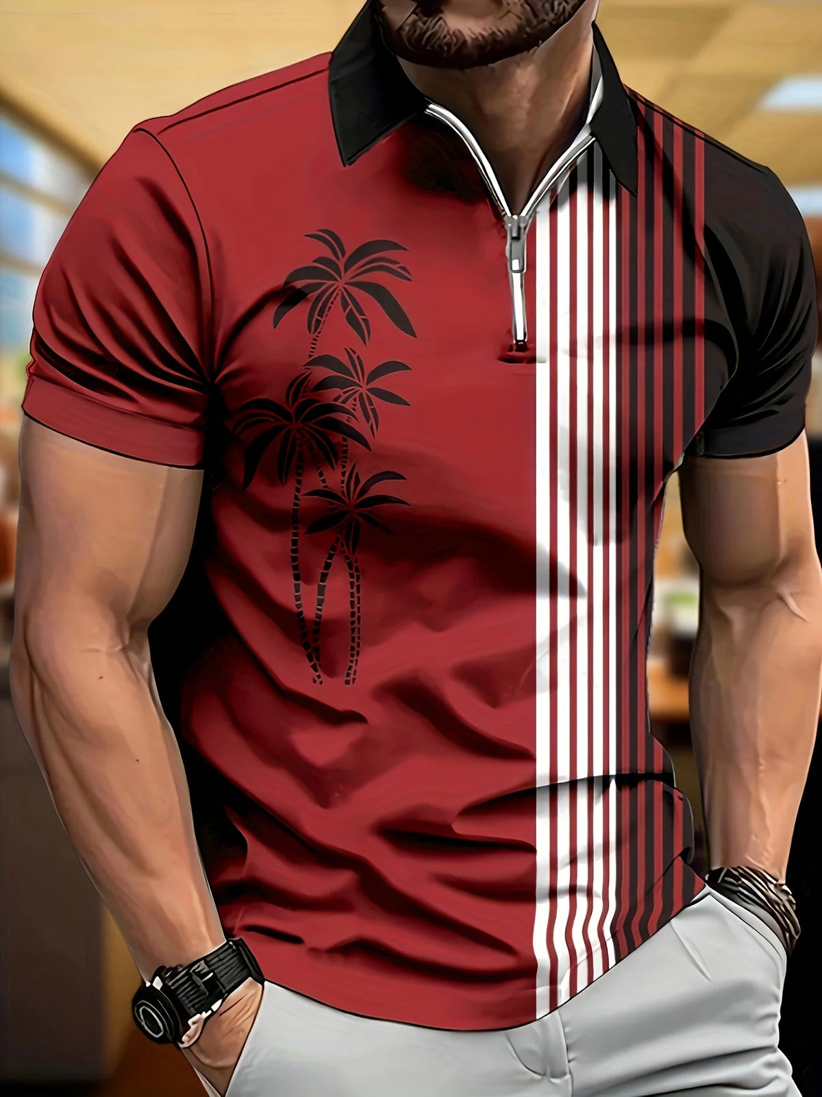 Men's Palm Tree Print Short-Sleeve Zip-Neck Polo Shirt
