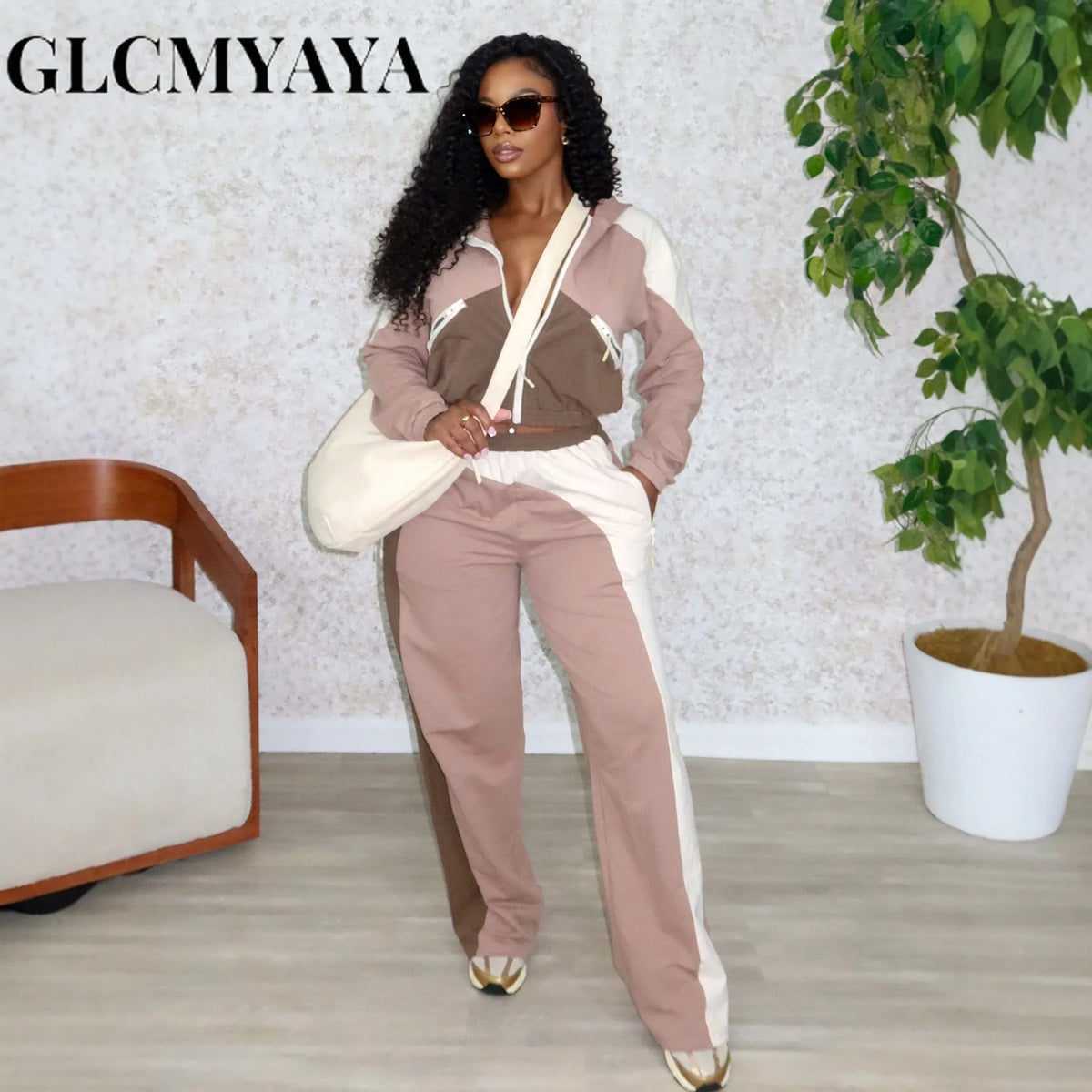 Women's Colour-Block Zip Jacket & Wide-Leg Pants Set