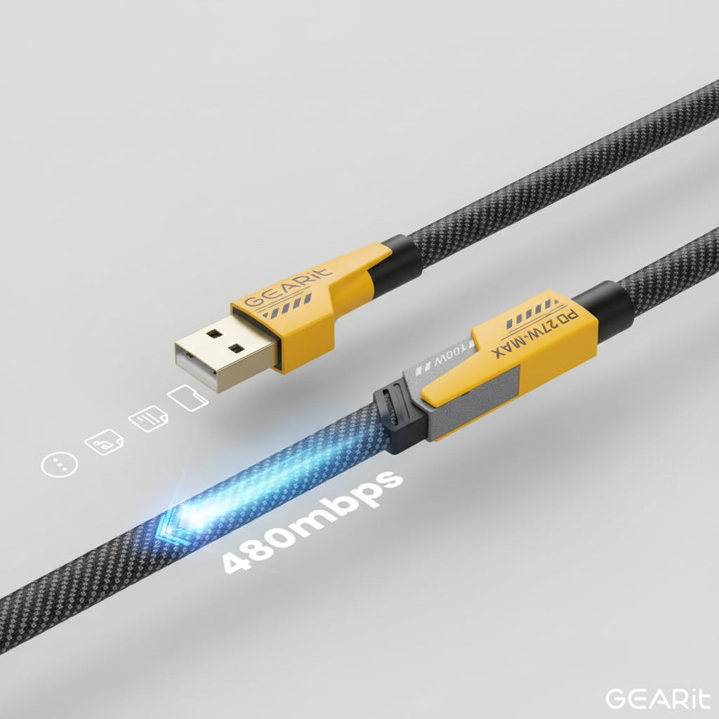 A GEARit USB 3.0 to USB-C adapter shown plugged into a laptop and a smartphone, with marketing text 'Sync & Charge Simultaneously' and '480mbps' on a dark graphic background.