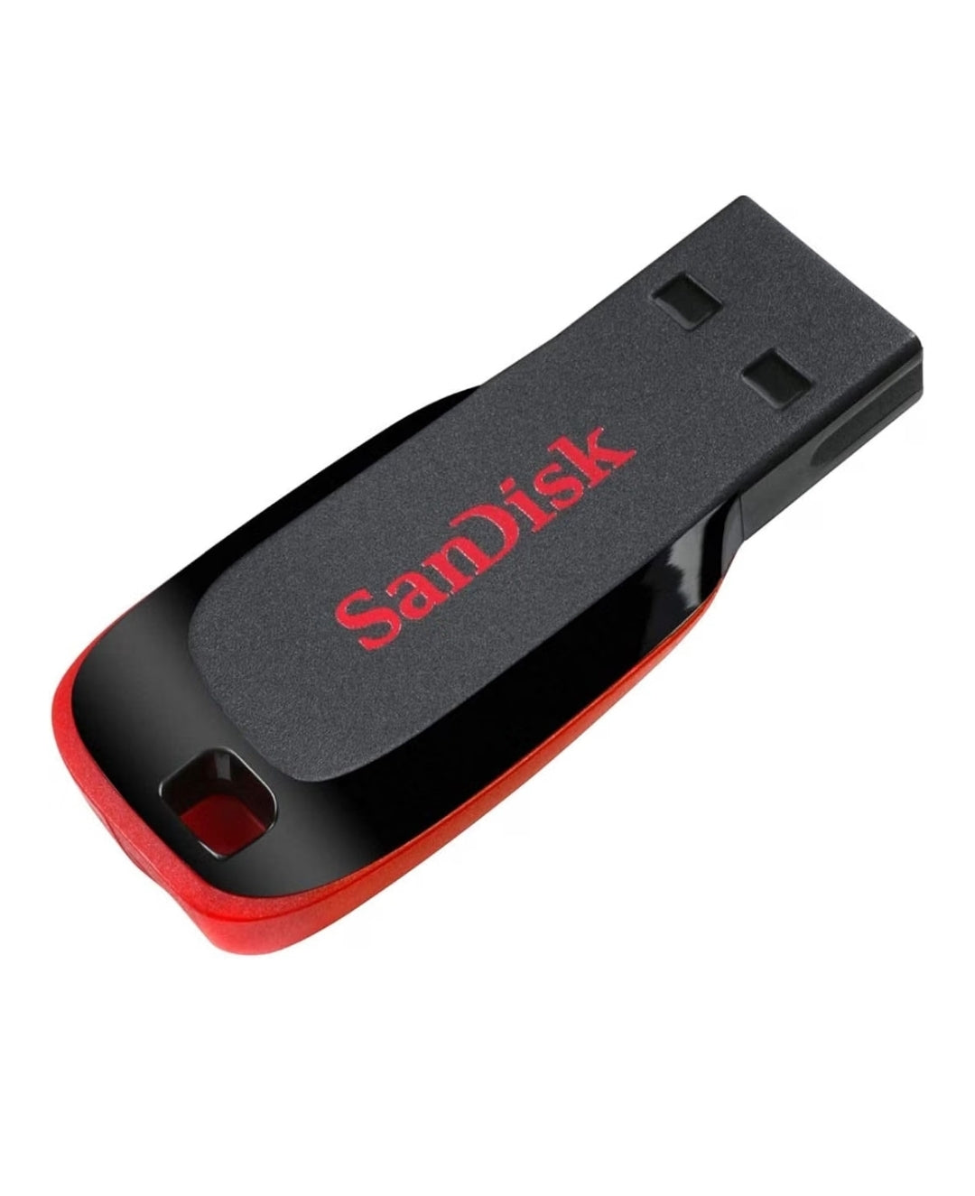 A SanDisk USB flash drive in black and red, shown at an angle on a plain white background.