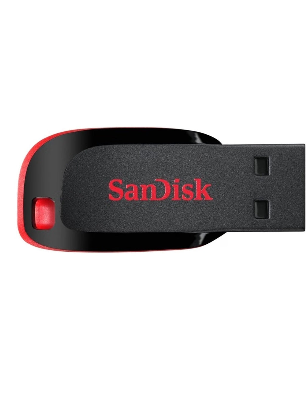 A SanDisk USB flash drive in black and red, shown from a side profile view on a plain white background.
