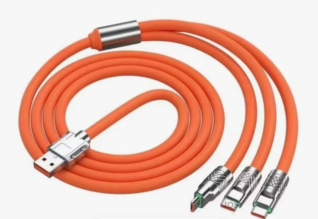 An orange USB-C charging cable coiled on a white background, featuring a USB-A connector on one end and two USB-C connectors on the other, with silver metal protective caps.