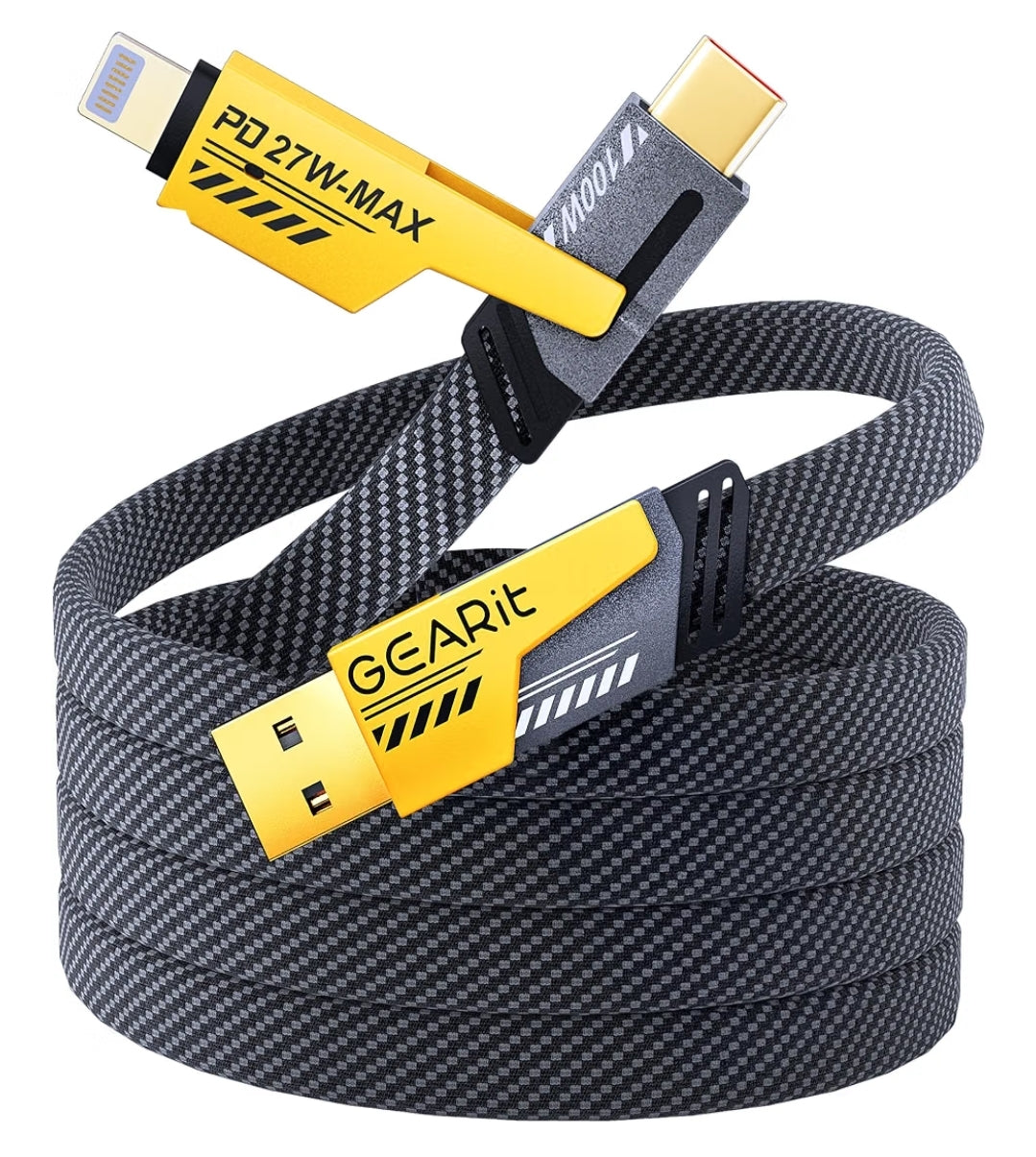 A coiled USB-C to Lightning cable with a black and gray woven strap and bright yellow connectors, featuring the brand name GEARit and PD 27W-MAX text on a white background.