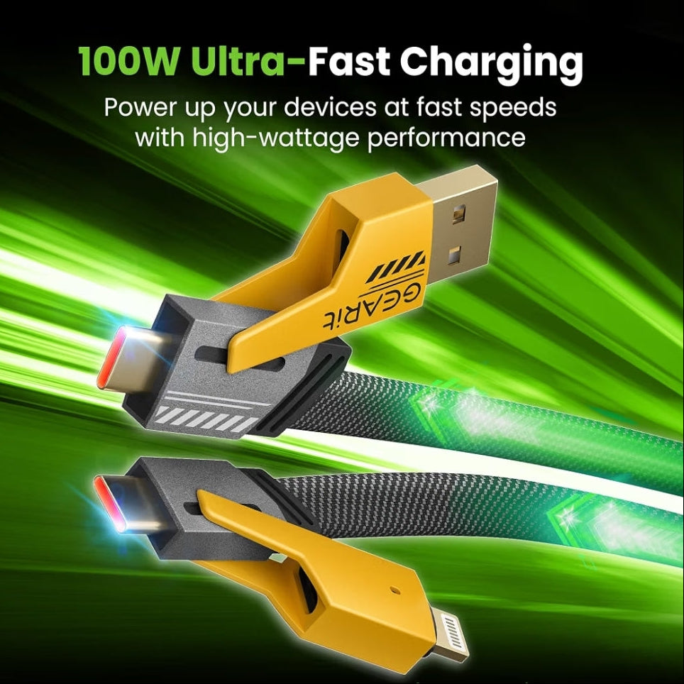 A yellow and black USB-C to Lightning cable shown in two angled views on a dark green graphic background with bright green light streaks and text reading '100W Ultra-Fast Charging' and 'Power up your devices at fast speeds with high-wattage performance.' The cable brand 'GEARIT' is visible on the connector housing.