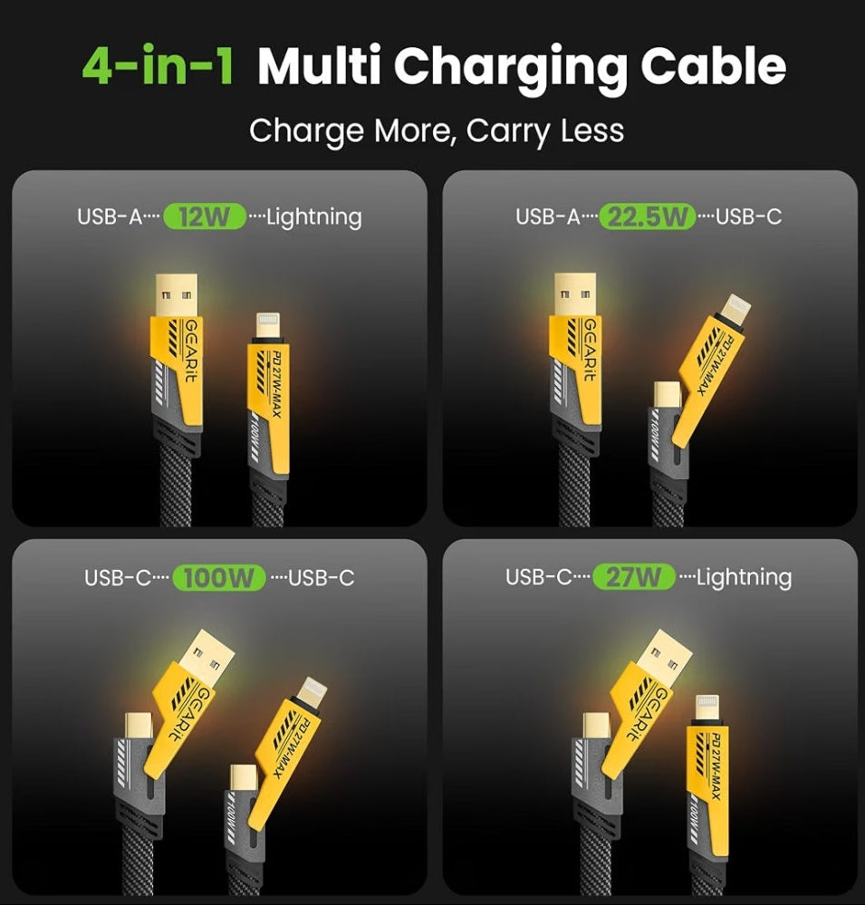 A 4-panel promotional graphic for a 4-in-1 multi charging cable. The panels show different cable connector combinations and power ratings: USB-A 12W Lightning, USB-A 22.