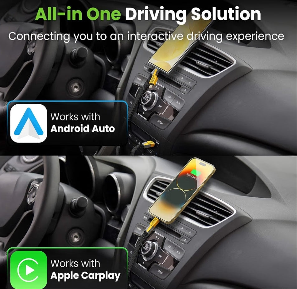 A promotional composite showing a smartphone mounted on a car dashboard air vent console, with text reading 'All-in One Driving Solution' and compatibility badges for Android Auto and Apple Carplay.