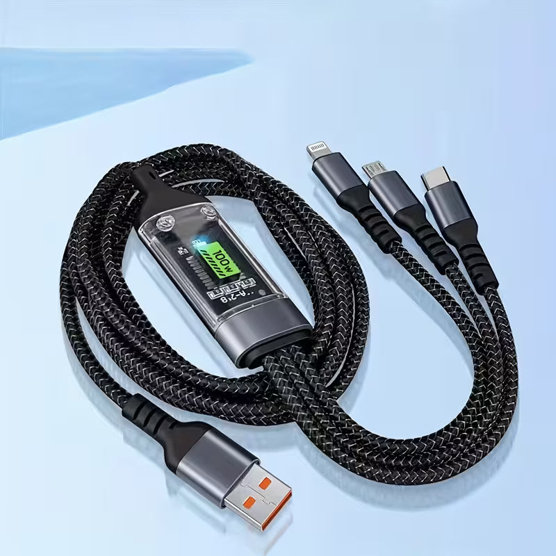 A black braided USB-C multi-port charging cable with a built-in digital battery display, shown coiled on a light blue background.