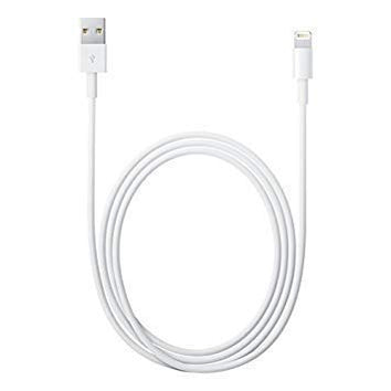 A white USB to Lightning cable coiled in a loop on a plain white background, with the USB connector on the left and the Lightning connector on the right.