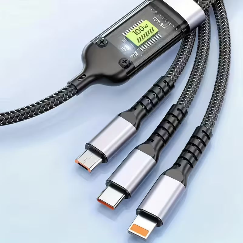 A close-up of a braided USB-C to USB-C multi cable with a black and silver connector housing showing a 10Gbps speed indicator, on a light blue background.