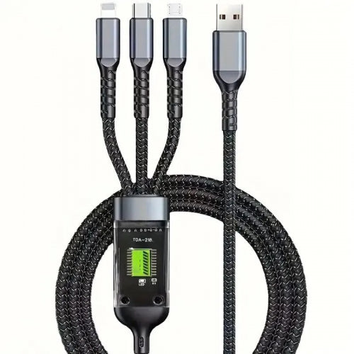 A black braided multi-connector charging cable with four ports (three Lightning and one USB-C) and a central electronic controller, shown on a plain white background.
