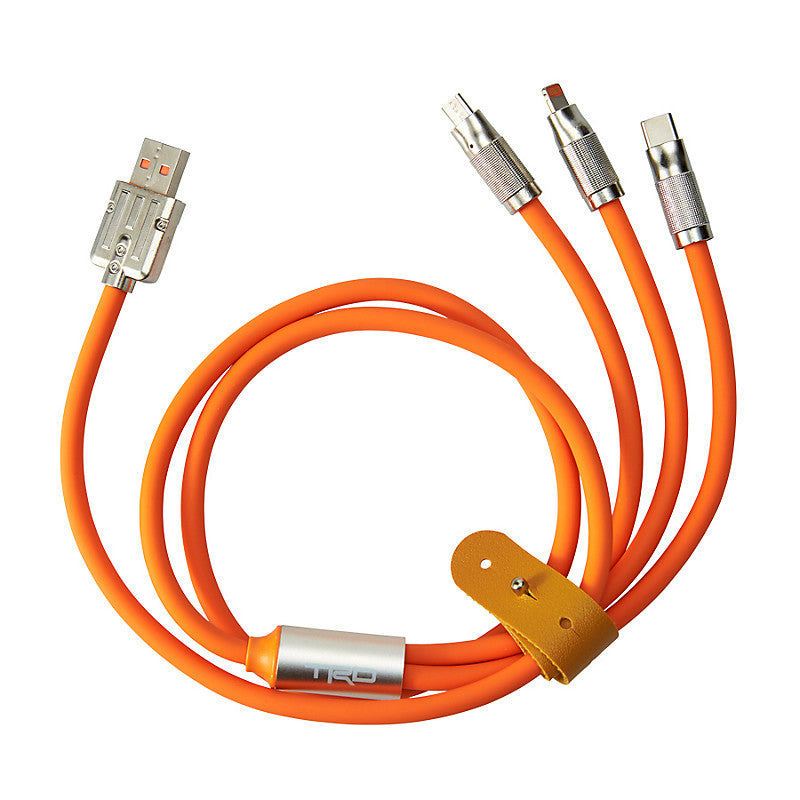 An orange multi-connector charging cable with a USB-A to multi-USB/C adapter head, coiled on a white background with a small yellow leather loop.