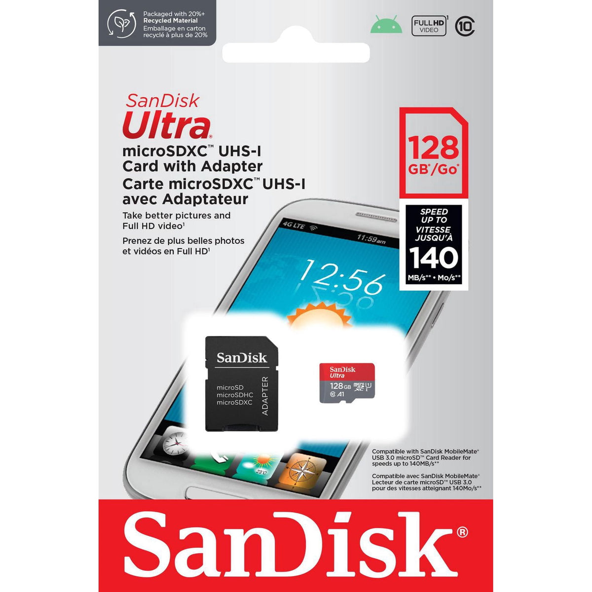 SanDisk Ultra microSDXC UHS-1 Card with Adapter in retail packaging, showing the card and adapter graphic on a smartphone card slot illustration. The package highlights 128 GB / Go storage and speed up to 140 MB/s.