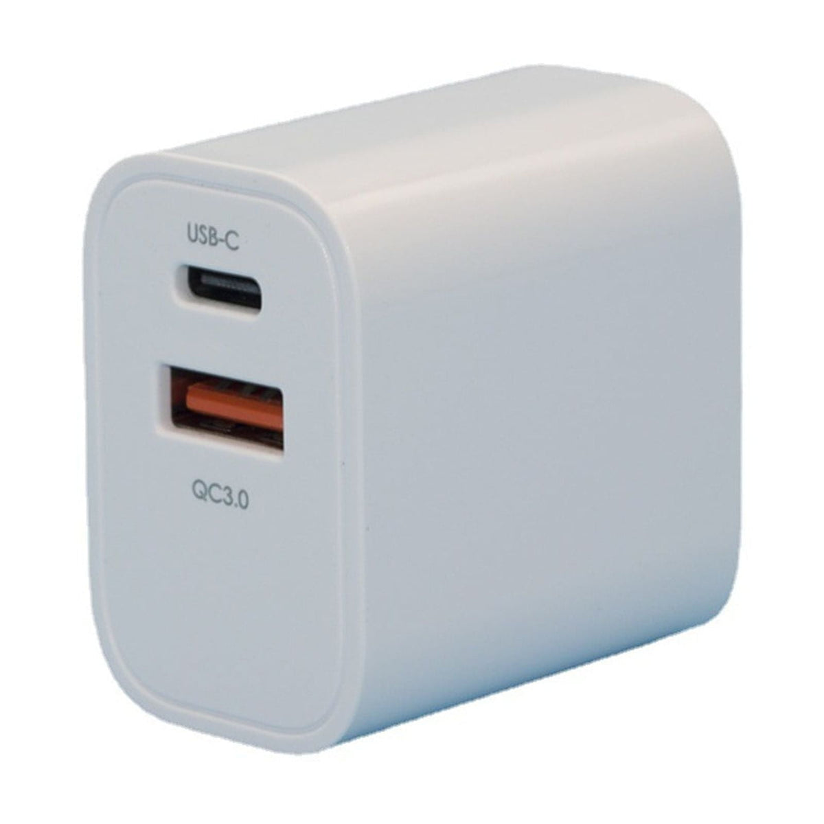 A compact white USB-C wall charger with two ports, one USB-C and one USB-A, on a plain white background.