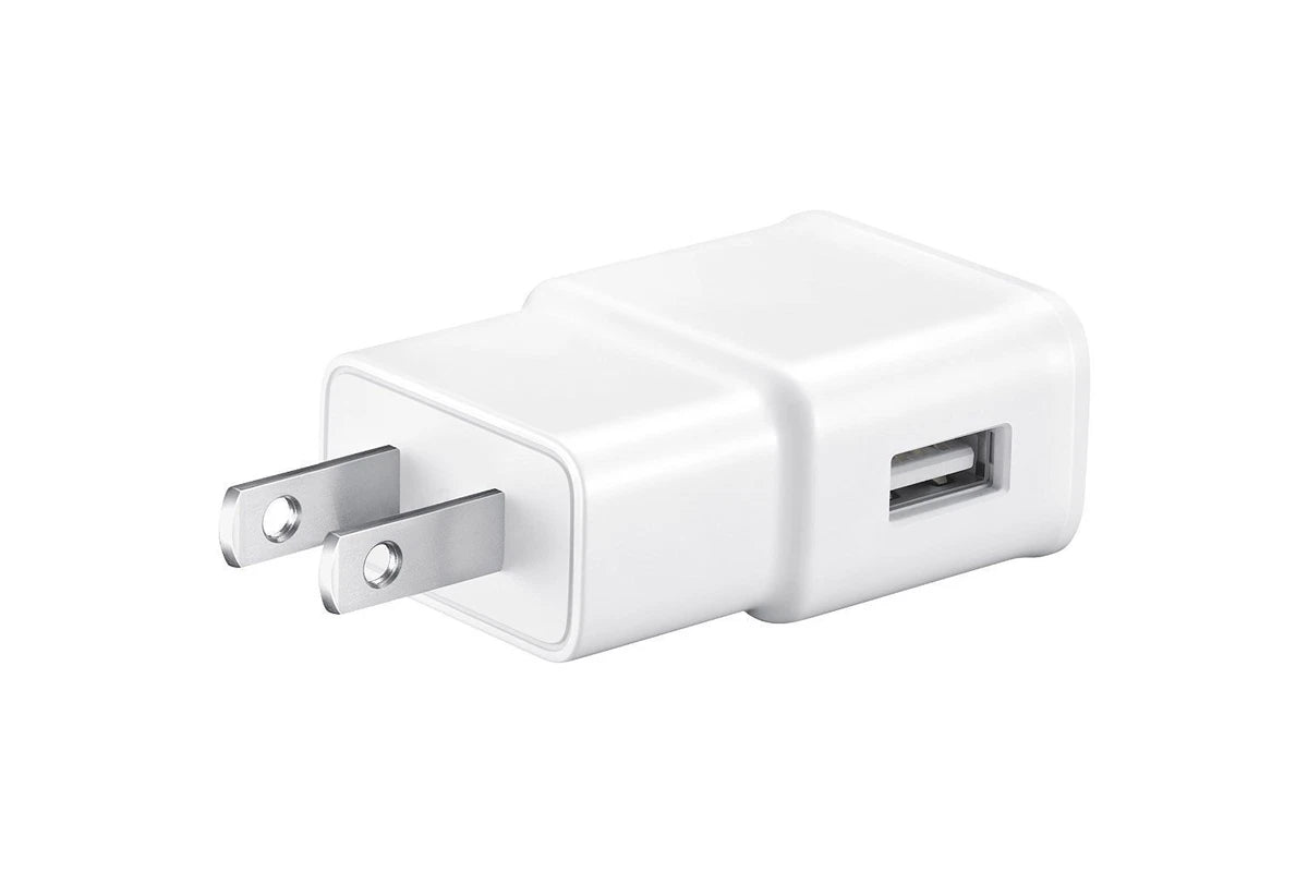 A white USB wall charger with a two-prong US plug and a single USB-A output port, shown on a solid white background.