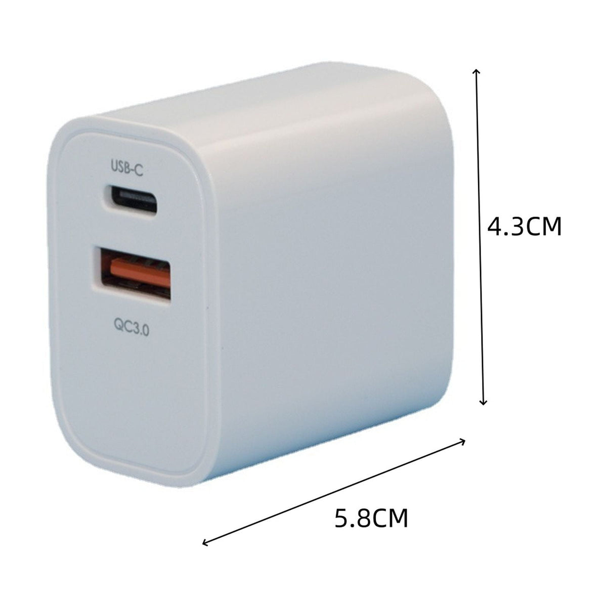 A white USB-C wall charger with a USB-A port, shown with dimension lines indicating 4.3CM height and 5.