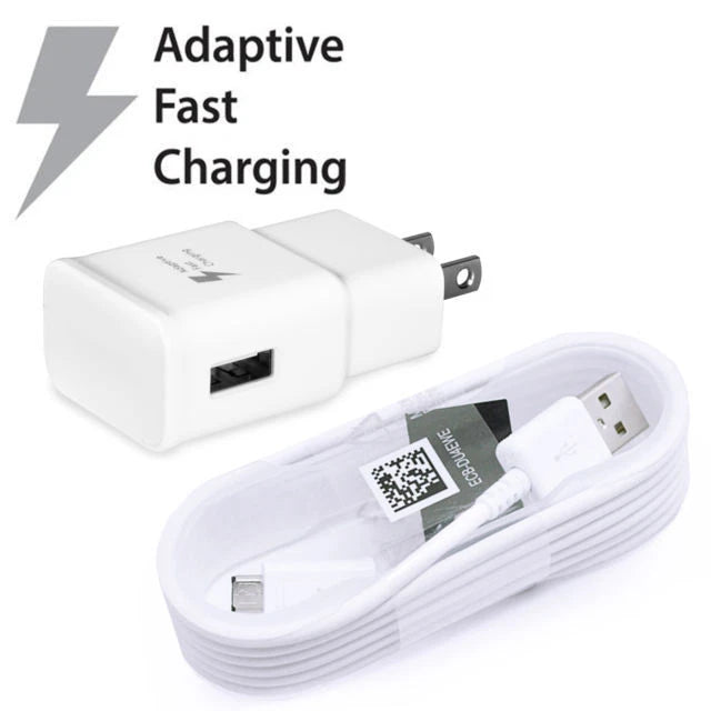White fast charging adapter and matching USB cable on a white background, with the text 'Adaptive Fast Charging' and a lightning icon.