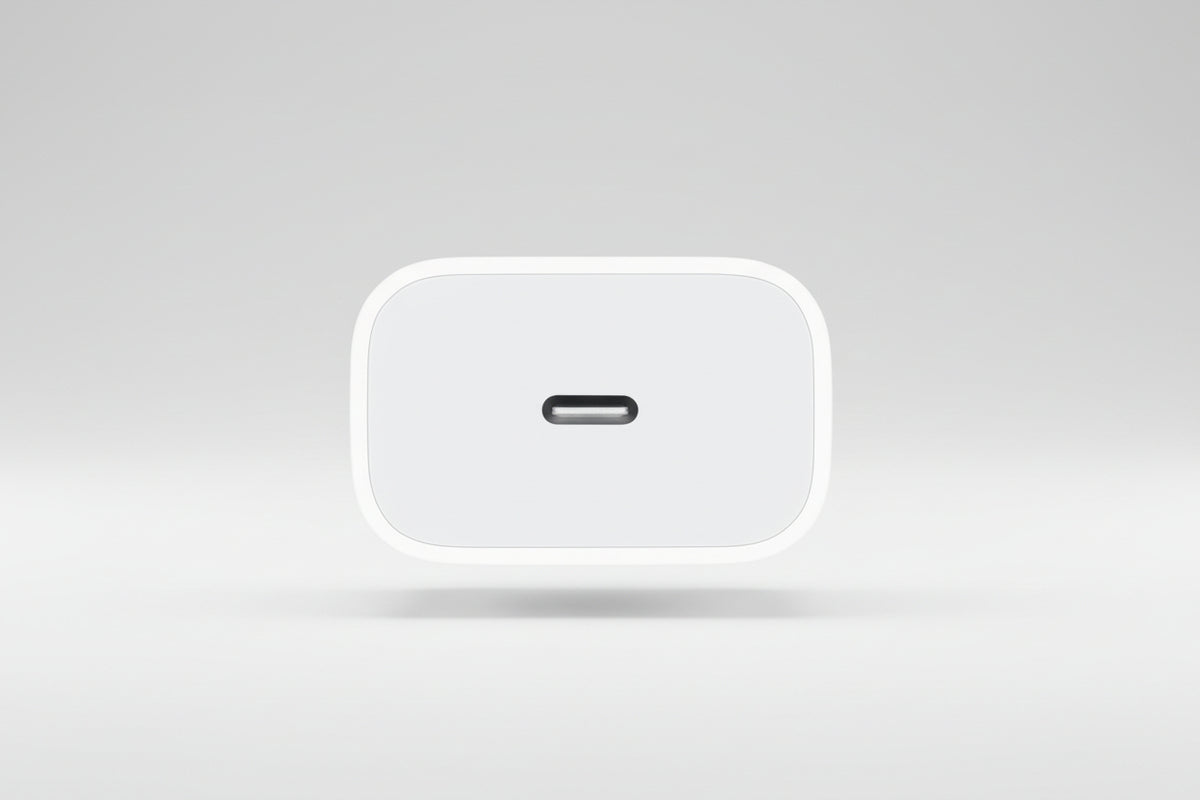 A white rectangular USB-C charging adapter with rounded corners and a centered USB-C port, shown on a clean white background.