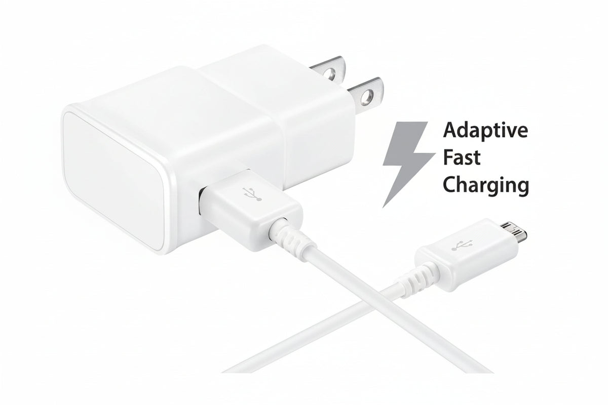 White Samsung fast charging adapter with USB-C cable on a white background, featuring a lightning bolt graphic and the text 'Adaptive Fast Charging'.