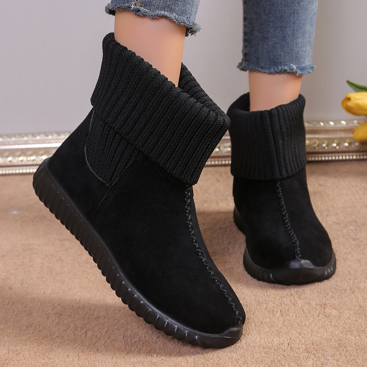 Women's Flat Ankle Boots with Knitted Detail