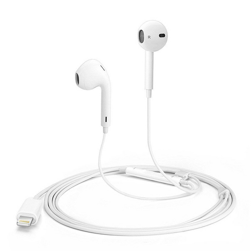White wired in-ear earphones with a Lightning connector, shown on a clean white background.