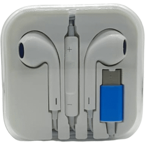 White wired earbuds with an inline remote and a blue USB-C adapter, shown inside a clear plastic protective case.