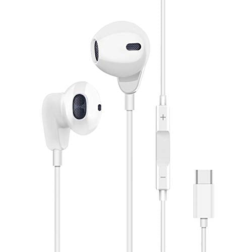 White in-ear wired earphones with a white cable, inline remote control, and a detachable USB-C connector, shown on a plain white background.
