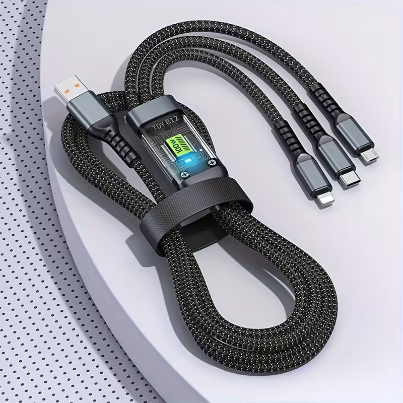 Multi-device charging cable with digital display on a light gray background