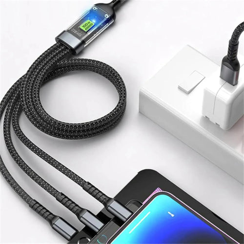 Black braided charging cable with smartphone and power adapter on a white background