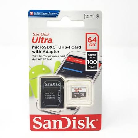 SanDisk Ultra microSDXC UHS-I Card with Adapter, 64 GB, in retail blister packaging. The package shows the black microSD card, the adapter, and a card inserted into a phone, with SanDisk branding and performance claims on a white background.