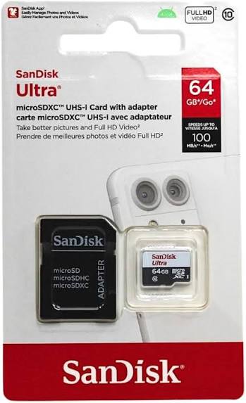 SanDisk Ultra microSDXC memory card with adapter in packaging
