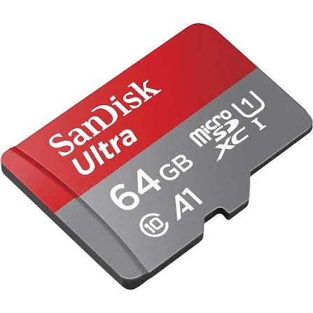 A SanDisk Ultra 64GB microSDXC A1 memory card with a red and gray design, shown on a plain white background.