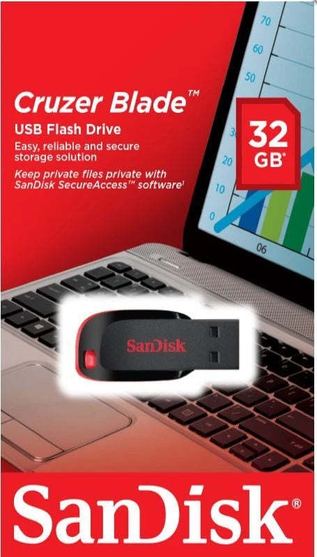 SanDisk Cruzer Blade USB flash drive 32GB packaging with laptop in the background